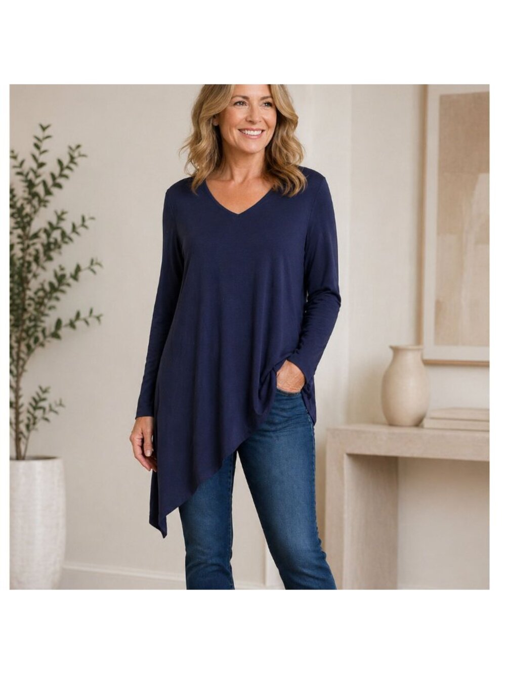 Chico's Women's Top Size 3 XL Navy Blue Long Sleeve V Neck Tunic Modal Soft